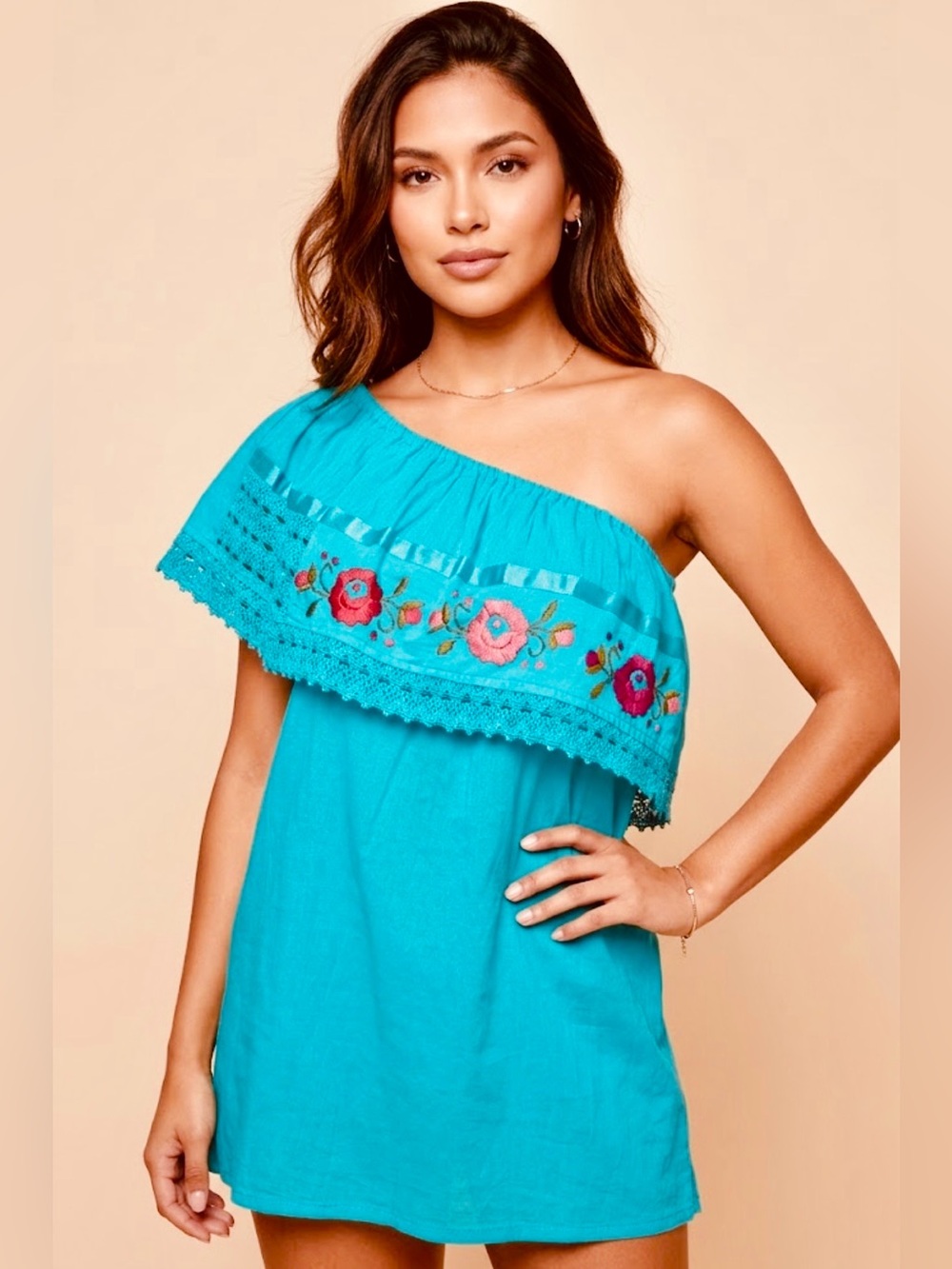 Blusa Mexicana Artesanal Turquesa Hombro Descubierto con Bordado Floral M/L